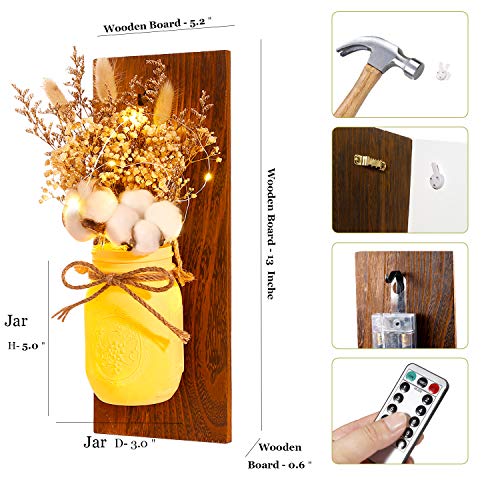 Mason Jar Sconces Wall Decor - Rustic Home Décor - Decorative Jars with Cotton Stems & Baby Breath Flower with Remote Timer LED Fairy Lights for Kitchen Wall Decor Living Room Wall Sconces Set of 2 - Thumbnail 3