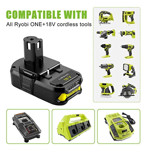 Powilling 2Pack 3500mAh Ryobi 18V Lithium Battery Pack Replacement for Ryobi 18-Volt ONE+ P104 P105 P102 P103 P107 P108 Cordless Tools Battery with P117 Replacement Charger