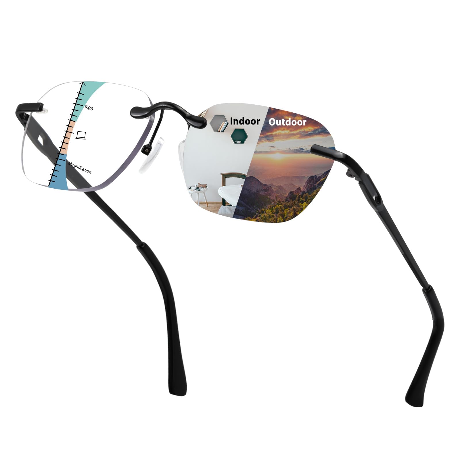 Photo 1 of KISSOUL Progressive Photochromic Multifocal Rimless Reading Glasses Blue Light Blocking Sunglasses Transition Reader UV400