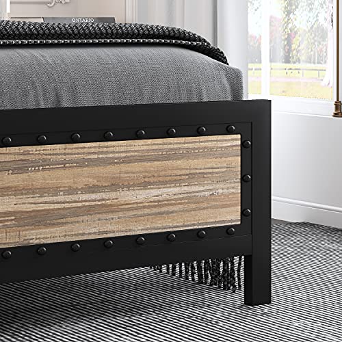 Amolife Queen Size Bed Frame with Modern Wooden Headboard / Heavy Duty