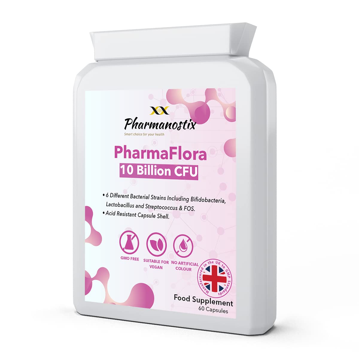 PharmaFlora 10 Billion CFU- 60 Vegan Targeted Capsules - High-Strength Multi-Strain Active Live Bacteria Complex - Acidophilus -Bifidobacterium - Streptococcus -Thermophilus - UK Manufacture
