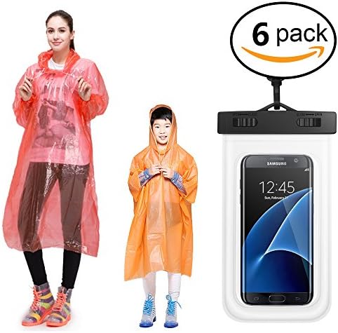 Rain Ponchos 6 Pack for Adults&amp;Child Family Combo With Cellphone Waterproof Case,Assorted Colors, One Size Fits All