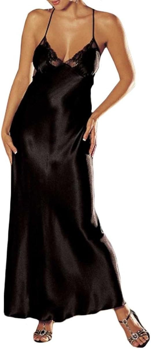 Women's Long Nightdress Full Length Nightwear Satin Lace Trimmed Sleepwear Nightie Chemise (L