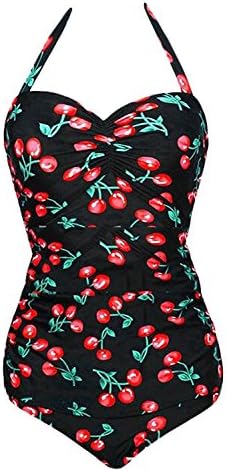FDH21K21J2 Women's 50s Retro Floral Print One Piece Swimwear Monokinis Sexy BlackUS Large