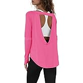 Tankaneo Womens Open Back Workout Shirts Casual Long Sleeve Boat Neck Tops Athletic Gym Yoga Tees with Thumb Holes