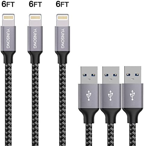 Lightning Cable, YUNSONG 3PACK (6FT) Nylon Braided Charging Cable Cord Lightning to USB Cable Charger Compatible with iPhone 7/ 7 Plus/6/6s/6 plus/6s plus/ 5s/5c,iPad, iPod and More (Gray)