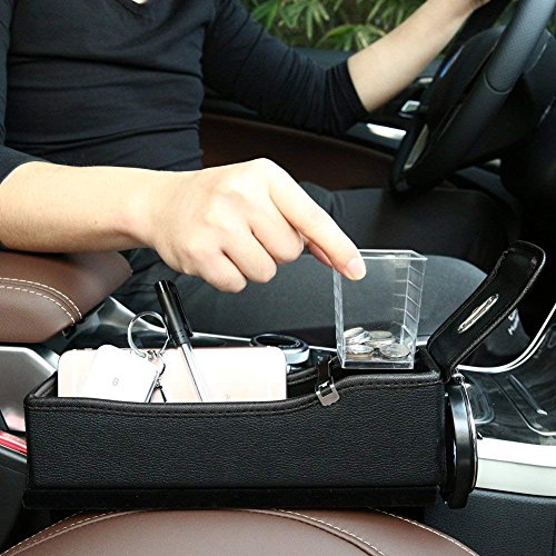 Onewell Multi-fuctional Car Seat Leather Storage Box, Console Side Pocket, Gap Catcher with Coin Organizer and Cup Holder (Set of 2, Black)