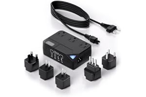 WAUDM Universal Travel Converter，250W Voltage Converter with 2 USB and 2 USB-C Charging Ports and 3 AC Plugs for curlers, straighteners, Included Plugs are Type A, C, D, G, I, L