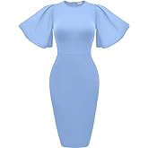 Memoriesea Women's Basic Bodycon Ruffle Flared Short Sleeve Pencil Midi Dress