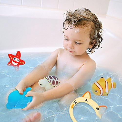 Baby Bath Toys - Fish Game With Sea Animal and Fishing Net, 5 Pack Rubber Ocean Squirts Bath Toy Set, Best Gift for Children (Color Vary)