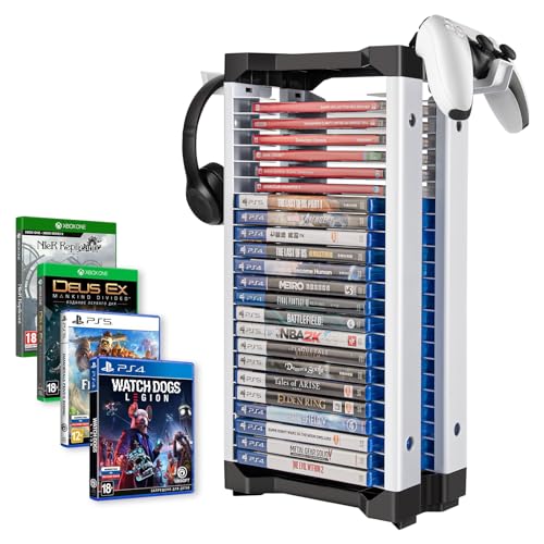 ASFSKY Video Game Storage Tower - 24 Game Holder Stand with 2 Hooks for Controllers Universal Organizer Compatible with PS5, PS4, Xbox, Switch Games (23)
