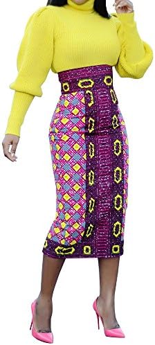 CNJFJ Womens African Print Plaid Midi Skirt Bodycon High Waist Floral Knee Length Pencil Dress