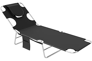 Outsunny Folding Lounge Chair Outdoor Tanning Chair with Face Hole, 5-Position Reclining Sun Lounger Chaise Lounge Cot with S