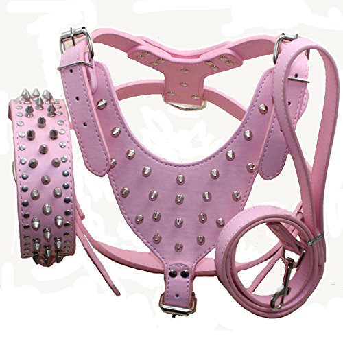 haoyueer Leather Spiked Studded Medium & Large Dog Collars, Harnesses & Leashes 3Pcs Matching Set for Pit Bull,Mastiff, Boxer, Bull Terrier (L, Pink)