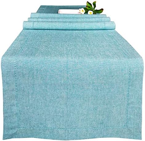 Farmhouse Table Runner 72inch, in Cotton Chambray Fabric with Hemstitched Detailing,Decorative Table Runner,Rustic Bridal Shower Decor Table Runner,Wedding Table Runner-16x72 Teal