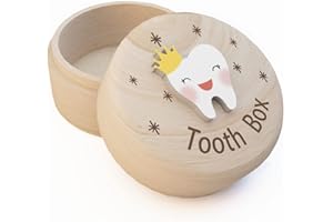 AZBUK Tooth Box for Girls, Snowflake Carved Wooden Box with 3D Tooth, Stores Lost Teeth for Childhood, Souvenir Dropped Tooth Keepsake Storage Box Gift for Little Princess Girl（Crown-T）