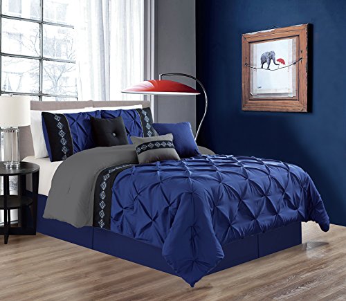 7 Pieces FULL size Navy Blue / Grey / Black Double-Needle Stitch Pinch Pleat All-Season Bedding-Goose Down Alternative Embroidered Comforter Set