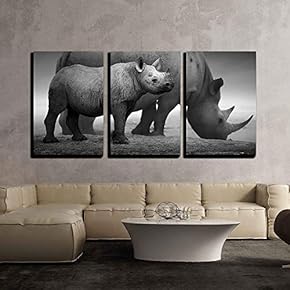Rhinoceros Mother And Calf At Waterhole - 3 Panel Canvas Art