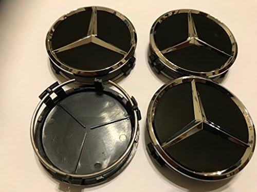 AML MERCEDES SET OF 4 GLOSS BLACK CENTER WHEEL HUB CAPS 75MM COVER CHROME EMBLEM CAP
