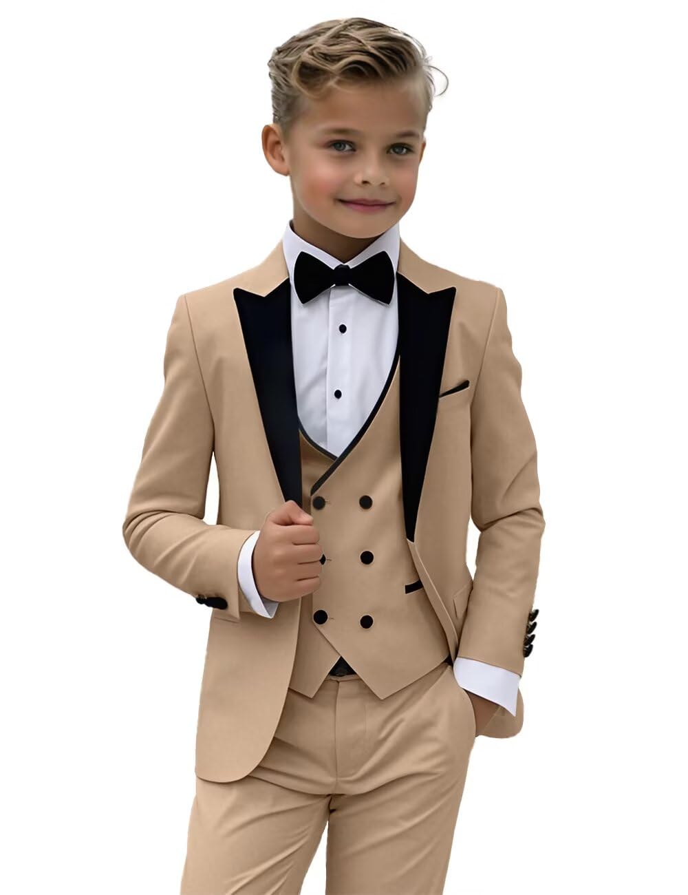 Photo 1 of Boys Tuxedo Suit 3 Pieces Slim Fit Suit for Boy Peak Lapel Blazer Vest Pants Sets for Wedding Party Dinner Prom, Champagne, 6