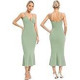 JLCNCUE Women's Spaghetti Straps V Neck Bodycon Mermaid Dress Elegant Ruffles Midi Dress Cocktail Evening Party Dress 325