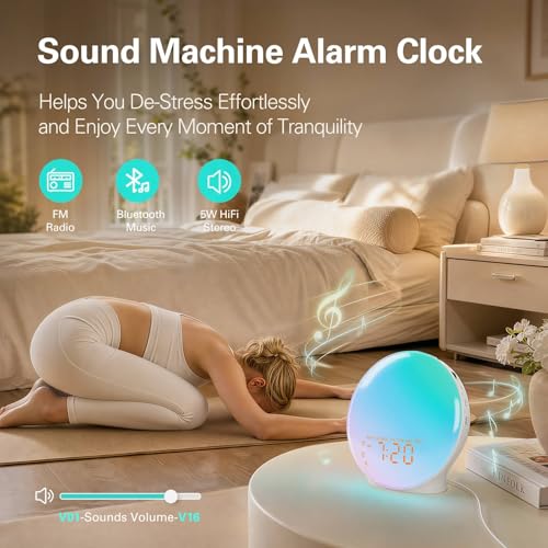 Wake Up Light Sunrise Alarm Clock for Bedroom, 17 Nightlights, Sound Machine with 5W Bluetooth Speaker, 25 Soothing Sounds, SleepTimer, Dual Alarms, FM Radio, Ideal Gift for Baby, Kids, Adults, Senior