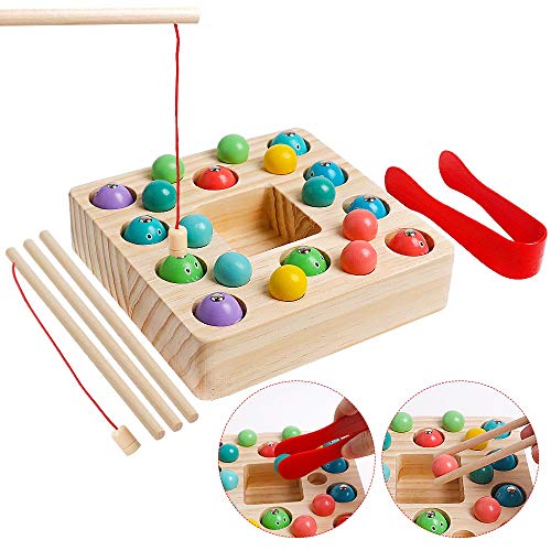 Montessori Toys for Kids Wooden Fishing Game Fine Motor Skill Learning Magnet Fishing Pole Clamp Chopsticks 10 Fishes & Beads Preschool Math Education Gift for Toddlers Child Age 3 4 5 Years Old