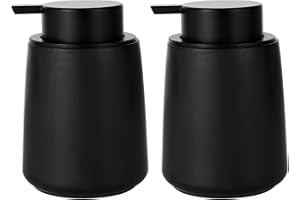 UUJOLY 12 oz Hand Soap Dispenser Empty Ceramics Lotion Pump Bottles, Refillable Liquid Dish Soap Bottles for Bathroom, Kitchen Sink, Black, 2 Pack