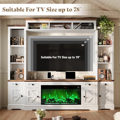 Jocisland 98in Farmhouse Entertainment Center with 36" Fireplace, TV Stand, Bookshelves, Wine Cabinet, Fits 75" TVs, Large Wall Unit Media Console with Power Outlets & Barn Doors, Living Room, White