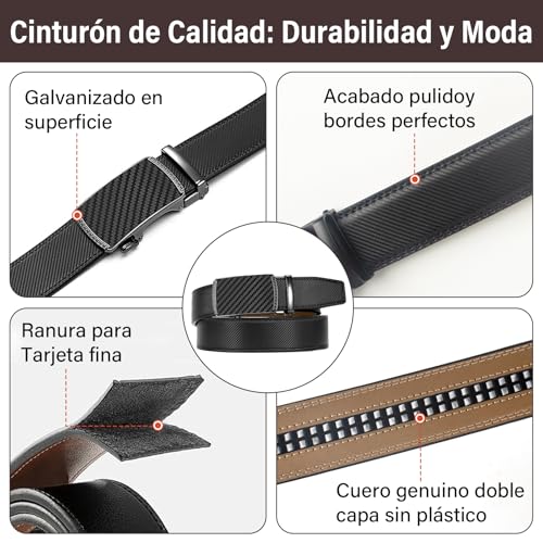 LEMONSEA Cinturones Hombre, 2 Piezas Cinto Hombre, Cinturon Hombre con Hebilla Automática Ajustable, Cinturones Hombre Piel para Traje, Estilo Casual y Vaqueros