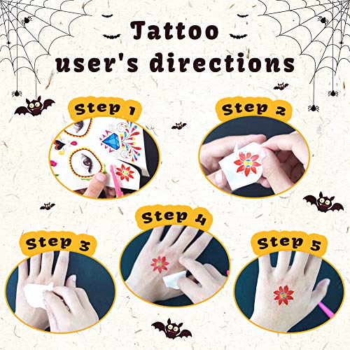 3 otters Halloween Temporary Face Tattoos, 19PCS Sugar Skull Face Tattoos Day of the Dead Temporary Face Tattoos Skeleton Face Stickers for Party Favor Supplies