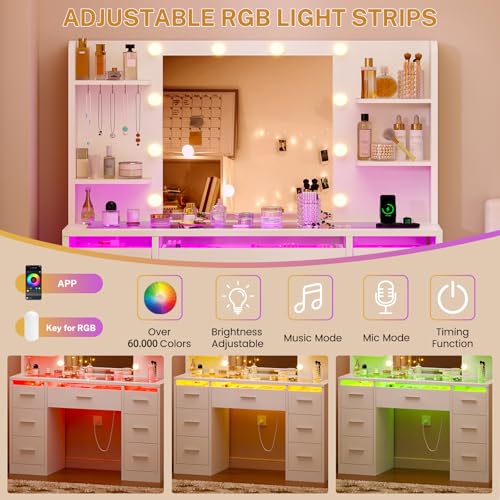 TEENFON Vanity Desk with Mirror and Lights, Makeup Vanity with Glass Top, RGB Lighted Drawers and Power Outlet, Dressing Table with 7 Drawers, 4 Shelves and 5 Jewel Hooks, Bedroom, White