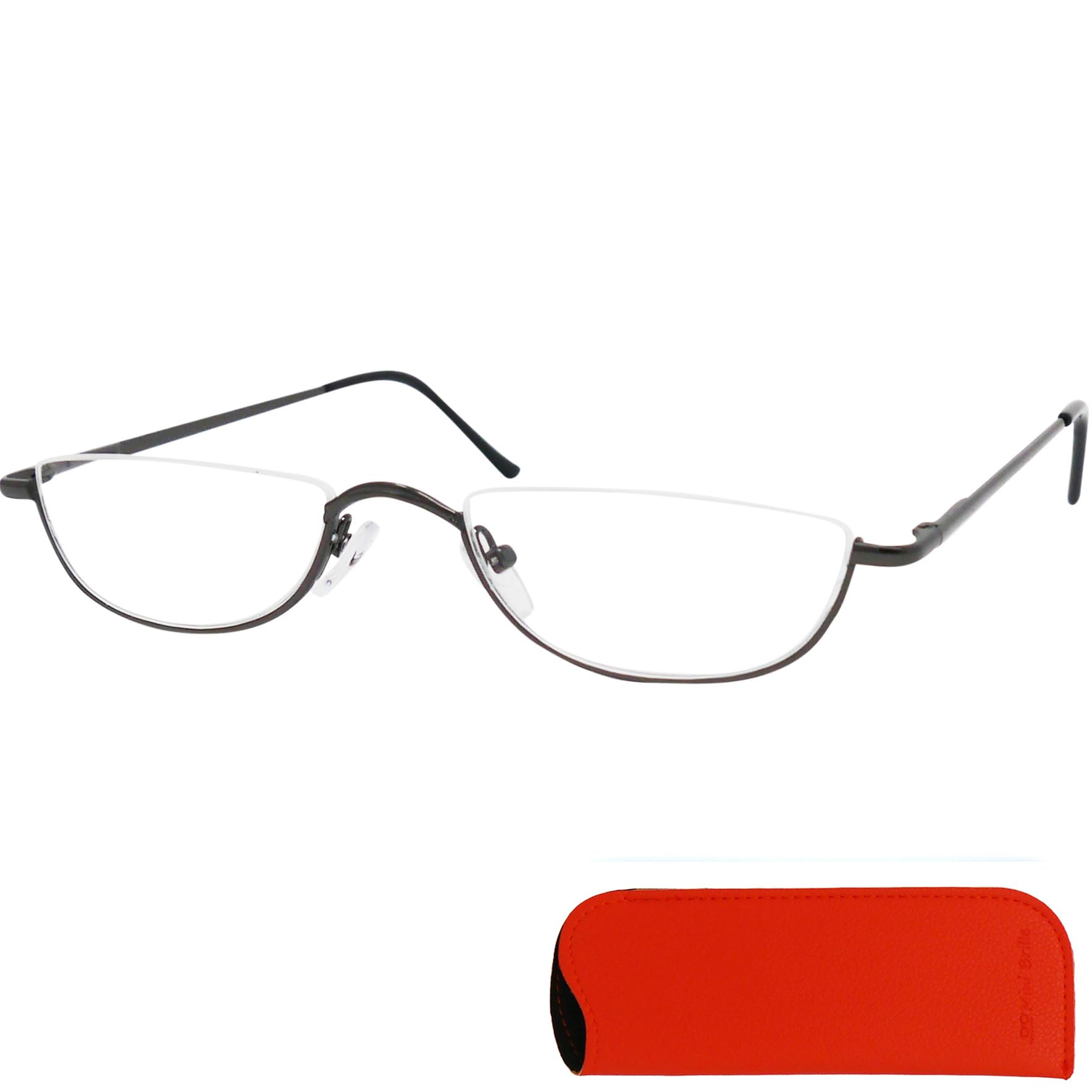 Mini Brille - Metal Half Moon Reading Glasses, Including FREE Case, Half Eye Stainless Steel Frame (Graphite) with Spring Hinge, Men and Women Readers +2.00 Magnification