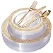 bUCLA 25 Guest Clear Gold Plastic Plates with Disposable Silverware, Hammered Design Tableware include 25 Dinner&25 Salad Plates,25 Forks, 25 Knives, 25 Spoons