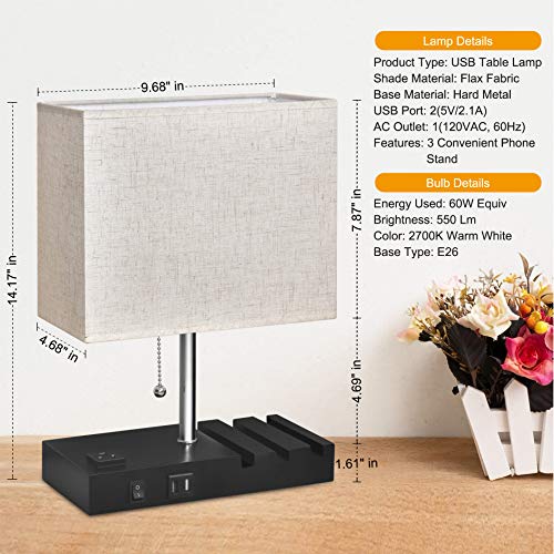 USB Bedside Lamp With Phone Stands,Hansang Table Lamp Dual Charging Ports,Nightstand Lamp for Bedroom,Minimalist Fabric Linen Lamp Shade with Pull Chain,E26 Warm White LED Bulb Included