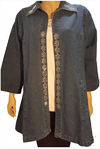 Blue Denim Long Jacket Duster Silver Bling Embellished (3x)