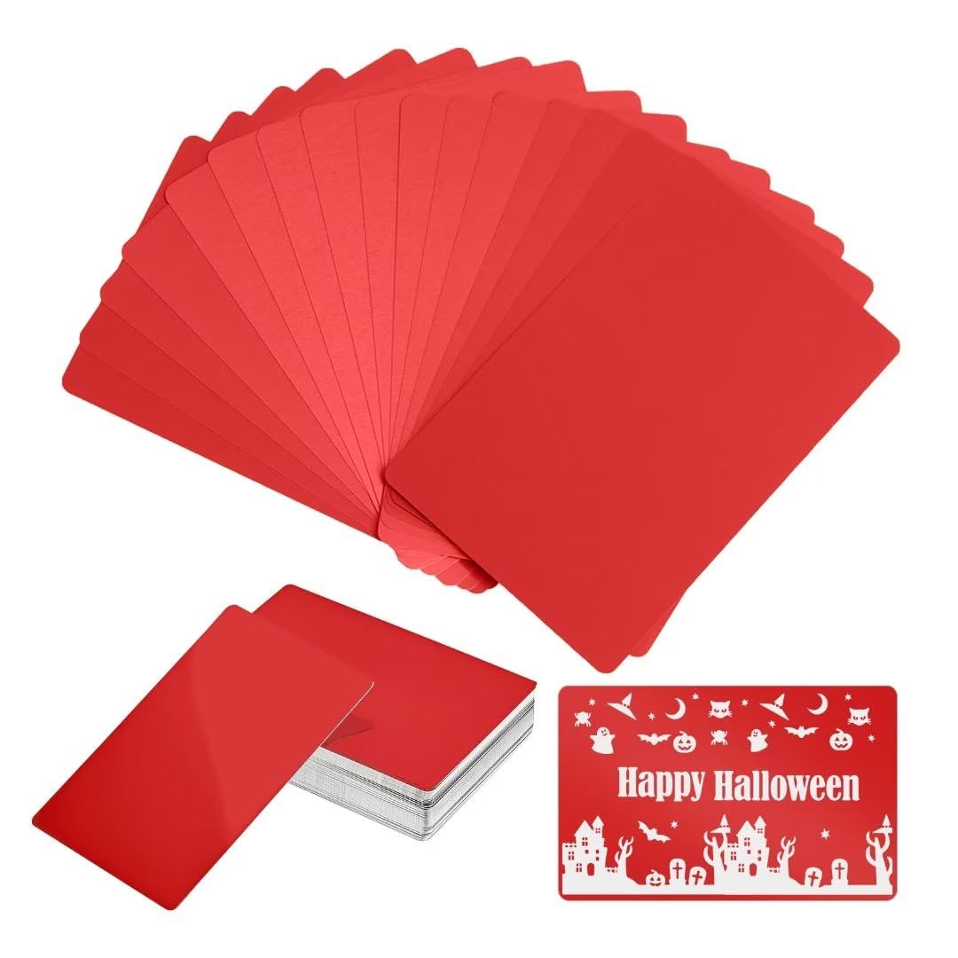 FONLAND 50pcs/Set 0.4mm Thickness Aluminum Metal Business Cards DIY Engraving Card Home Office Supplies Aluminum Blank Laser Blanks for Engraving（Red）