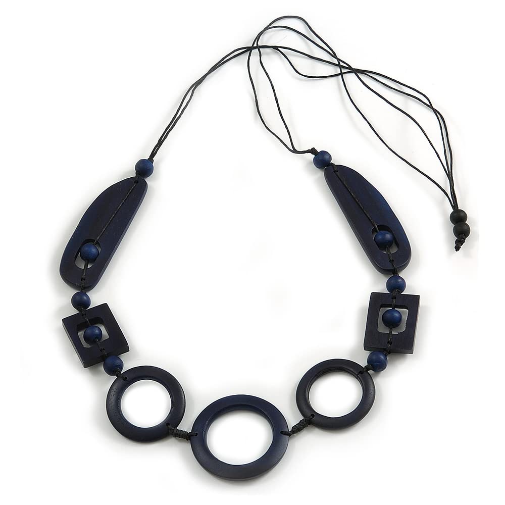 Avalaya Long Geometric Dark Blue Painted Wood Bead Black Cord Necklace - 100cm Max/Adjustable