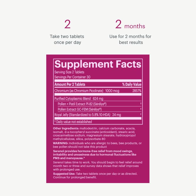 Serenol by Bonafide. Relief from Hormonal Mood Swings, Irritability, & PMS Bloating. — 1-Month Supply (60 Tablets)