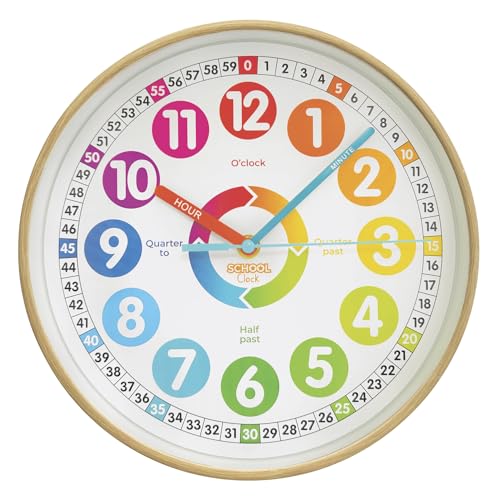 Color Clock - Time Teacher 10 Inch Silent Wall Clock with Colored Numbers - Easy to Read Analog Dial for Teacher's Classrooms, Kid's Bedroom & Children Playroom - School Clock