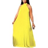 Aro Lora Womens Casual Sleeveless Plus Size Chiffon Halter Neck Pleated Loose Long Maxi Dress