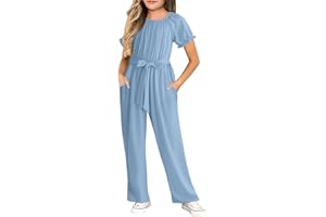 Cudtum Girls Jumpsuit Kids Fashion Short Sleeve Round Neck Belted Wide Leg Romper One Piece Outfits for 5-14 Years
