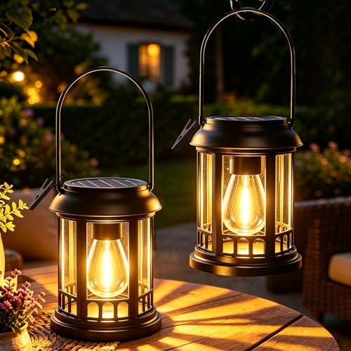 yowin Solar Lantern Outdoor Garden 2 Pieces Solar Hanging Lamp with LED Bulb, IP44 Waterproof Solar Table Lamp Outdoor Light for Balcony, Terrace, Garden Decoration