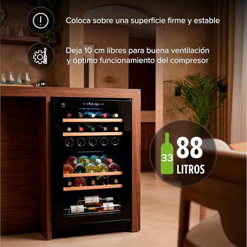 AVERA Cava de vinos para 33 botellas, Capacidad 88 L, Doble zona de enfriamiento, Temperatura 5 a 18°C, Panel de control táctil, Luz LED, Bloqueo automático, Enfriamiento por compresor | EV33