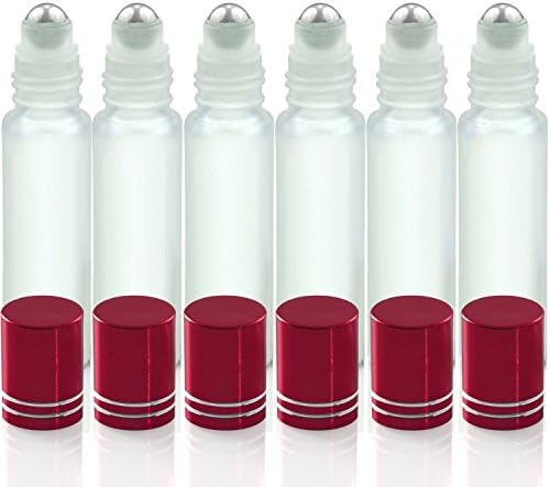 Empty Glass Aromatherapy Roller Bottles By Kaith - With Metal Ball, Frosted White Glass Red Lids, 1/3oz(10ml), Set of 6 (Red)