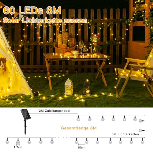 Ollny Solar Fairy Lights Outdoor Weatherproof 8 m 60 LED IP65 Waterproof Fairy Lights Outdoor Solar with 8 Modes Solar Fairy Lights Outdoor for Garden Patio Balcony Wedding (Warm White)