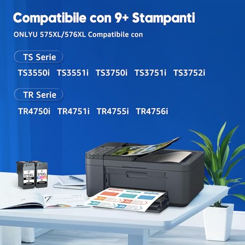 ONLYU 575XL 576XL Cartuccia d'inchiostro Compatibile Cartucce PG575XL CL576XL per Canon PIXMA TS3750i TR4755i TS3550i TS3551i TS3751i TS3752i TR4750i TR4751i TR4756i (Nero , Tri-Colore)