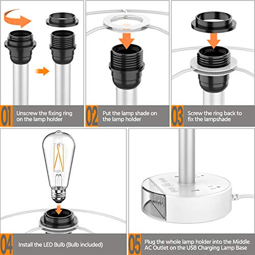 Table Lamp with Alarm Clock, Touch Control Bedside Lamp with 2 AC Outlets & 2 USB Ports, Alarm Clock Charging Base, 6Ft Power Cord, 3 Level Brightness Modern Nightstand Lamps for Home Bedroom Dorm