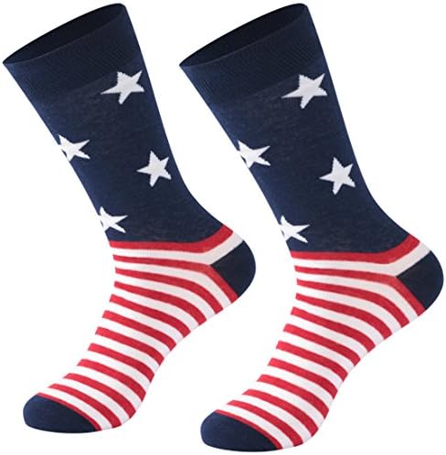 Calbom Men's Cotton Trouser Socks, Colorful American Flag Patterned Stripe Casual Crew Dress Socks 2 Pairs