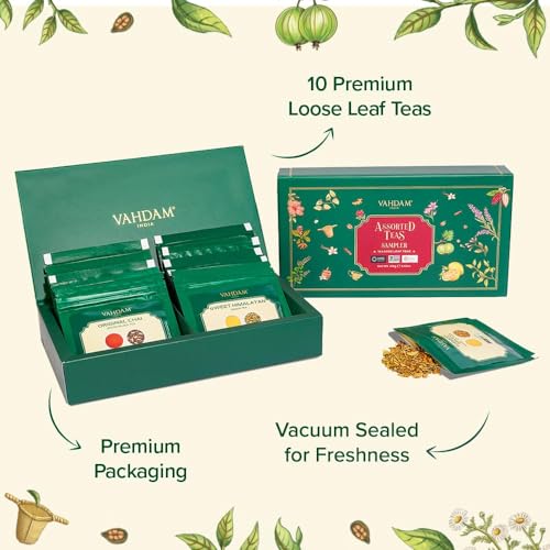 VAHDAM Top 10 Favourites Tea Sampler Set | Loose Leaf Tea (50+ Cups) | Tea Variety Pack with Green, Herbal, Black & Chai Brew | Vacuum Sealed For Freshness | Brew Hot & Cold